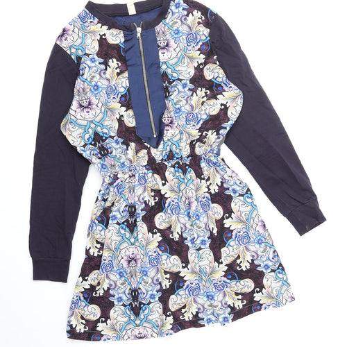 ASOS Womens Multicoloured Floral Polyester A-Line Size 10 Round Neck Zip