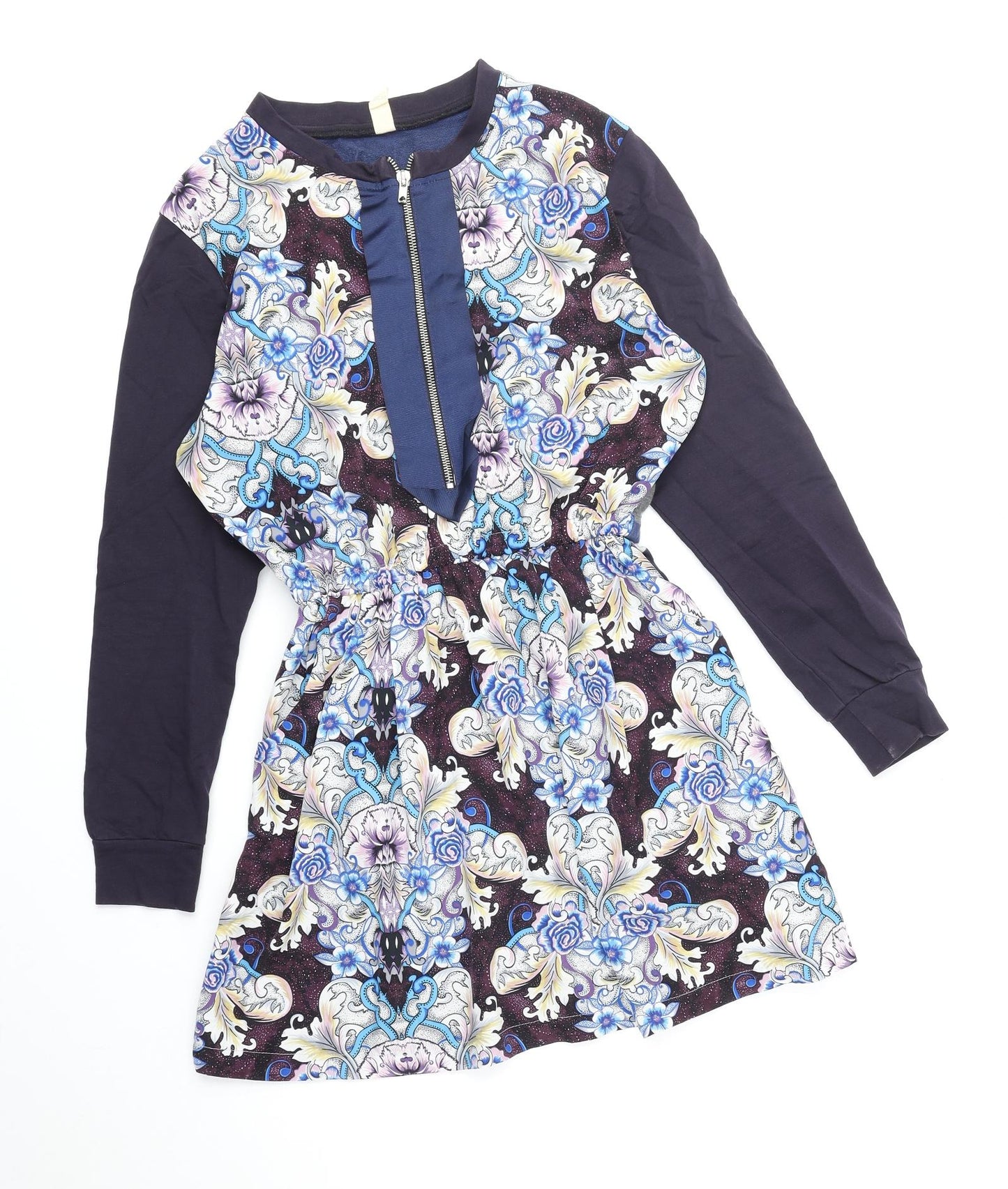 ASOS Womens Multicoloured Floral Polyester A-Line Size 10 Round Neck Zip