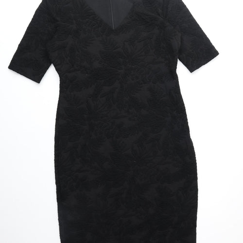Per Una Womens Black Polyester Shift Size 12 V-Neck Zip - Floral Detail