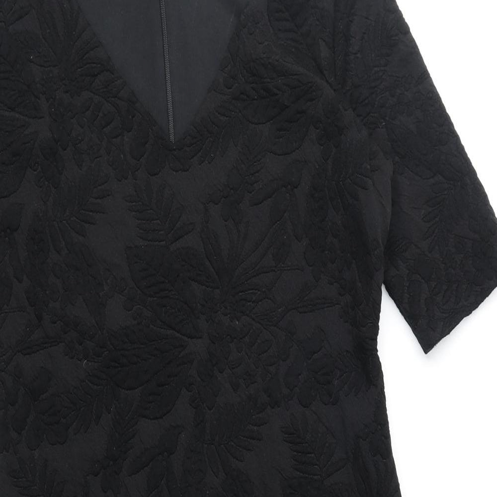 Per Una Womens Black Polyester Shift Size 12 V-Neck Zip - Floral Detail