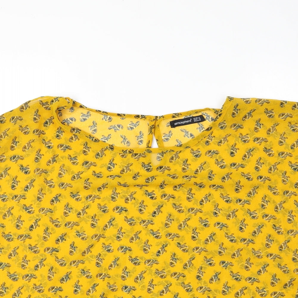 Primark Womens Yellow Floral Polyester Basic Blouse Size 14 Round Neck