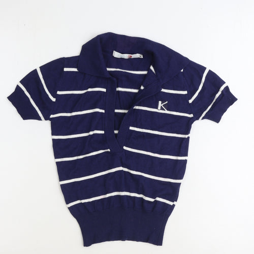 Kronk Womens Blue Collared Striped Cotton Pullover Jumper Size 8