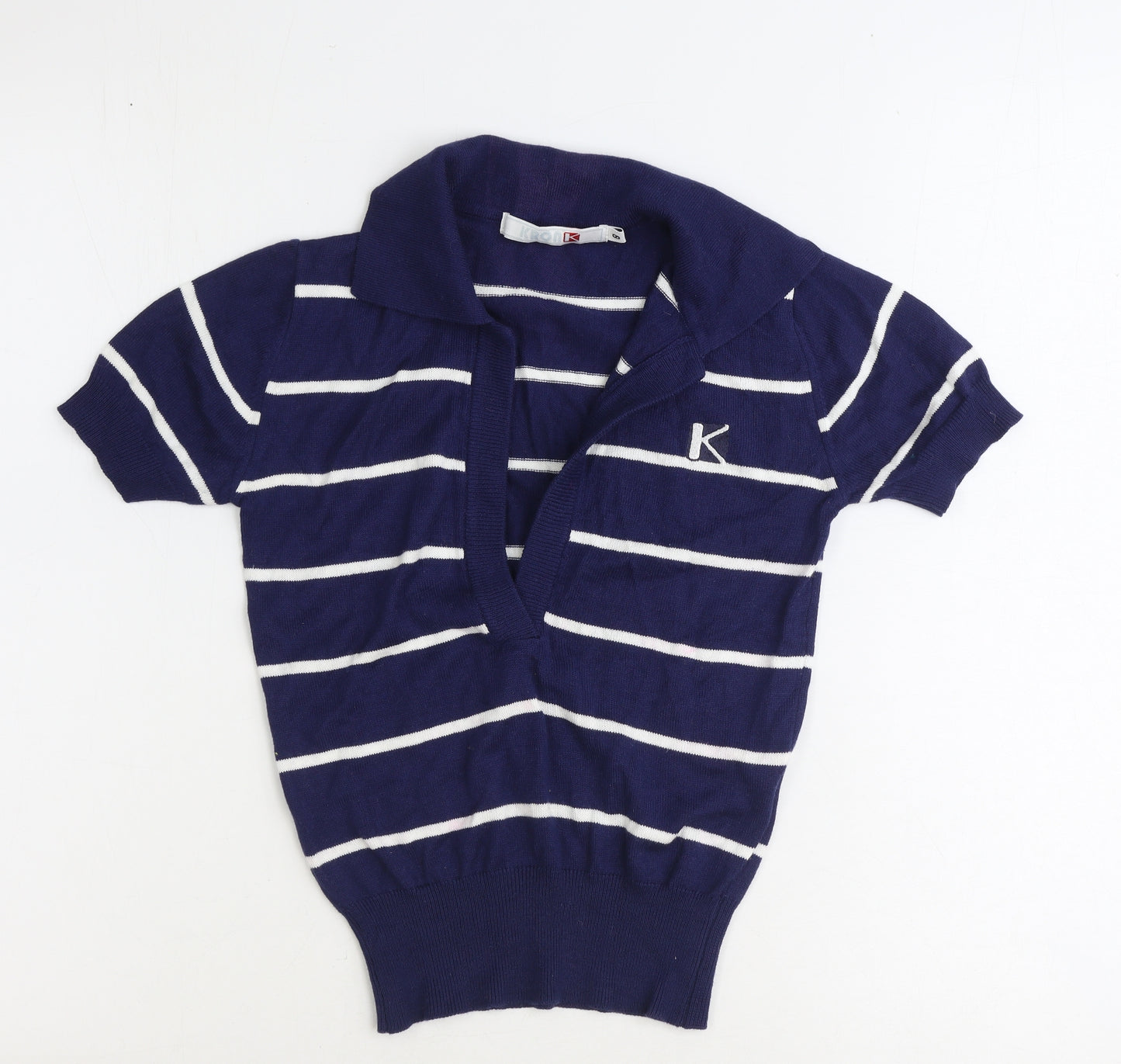Kronk Womens Blue Collared Striped Cotton Pullover Jumper Size 8