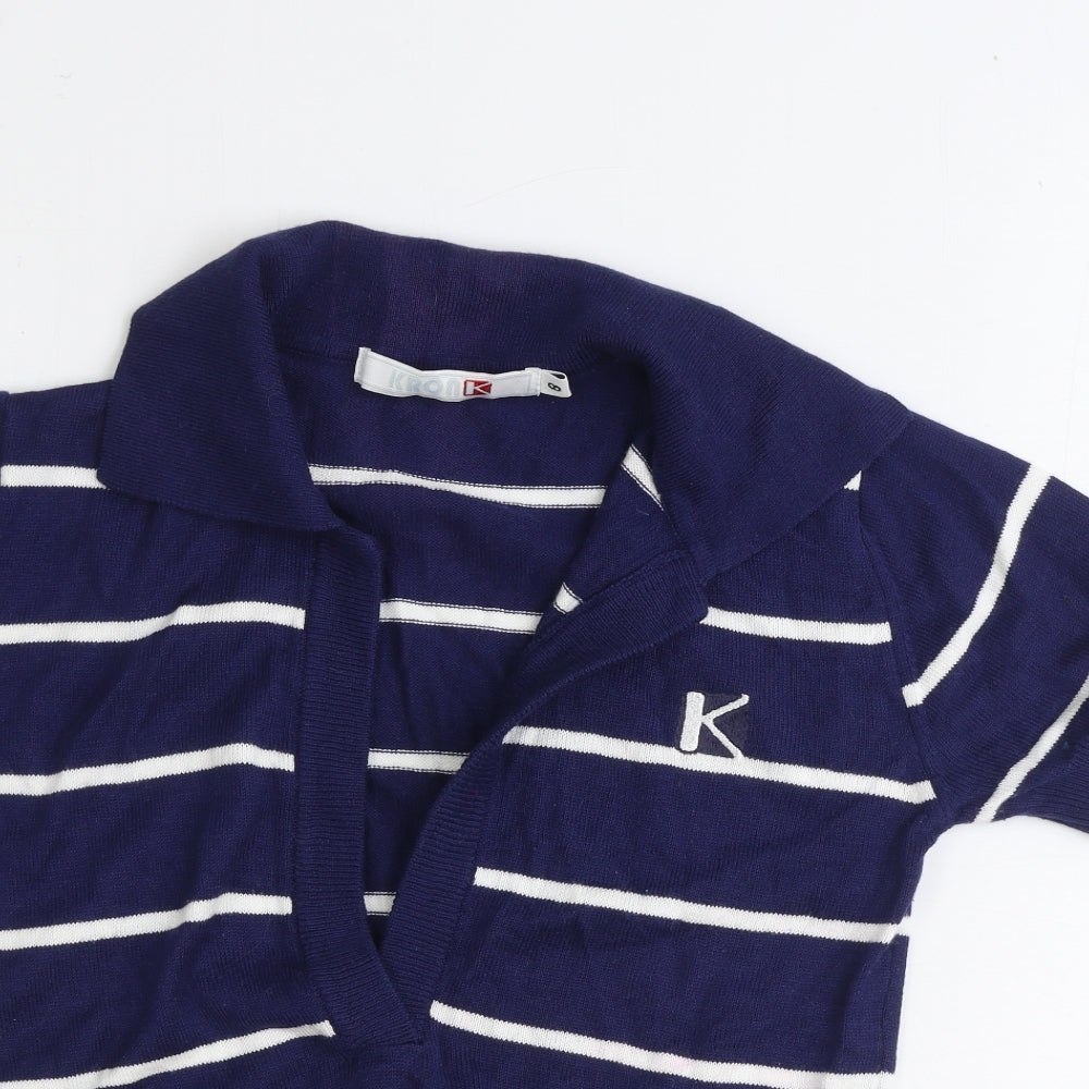 Kronk Womens Blue Collared Striped Cotton Pullover Jumper Size 8