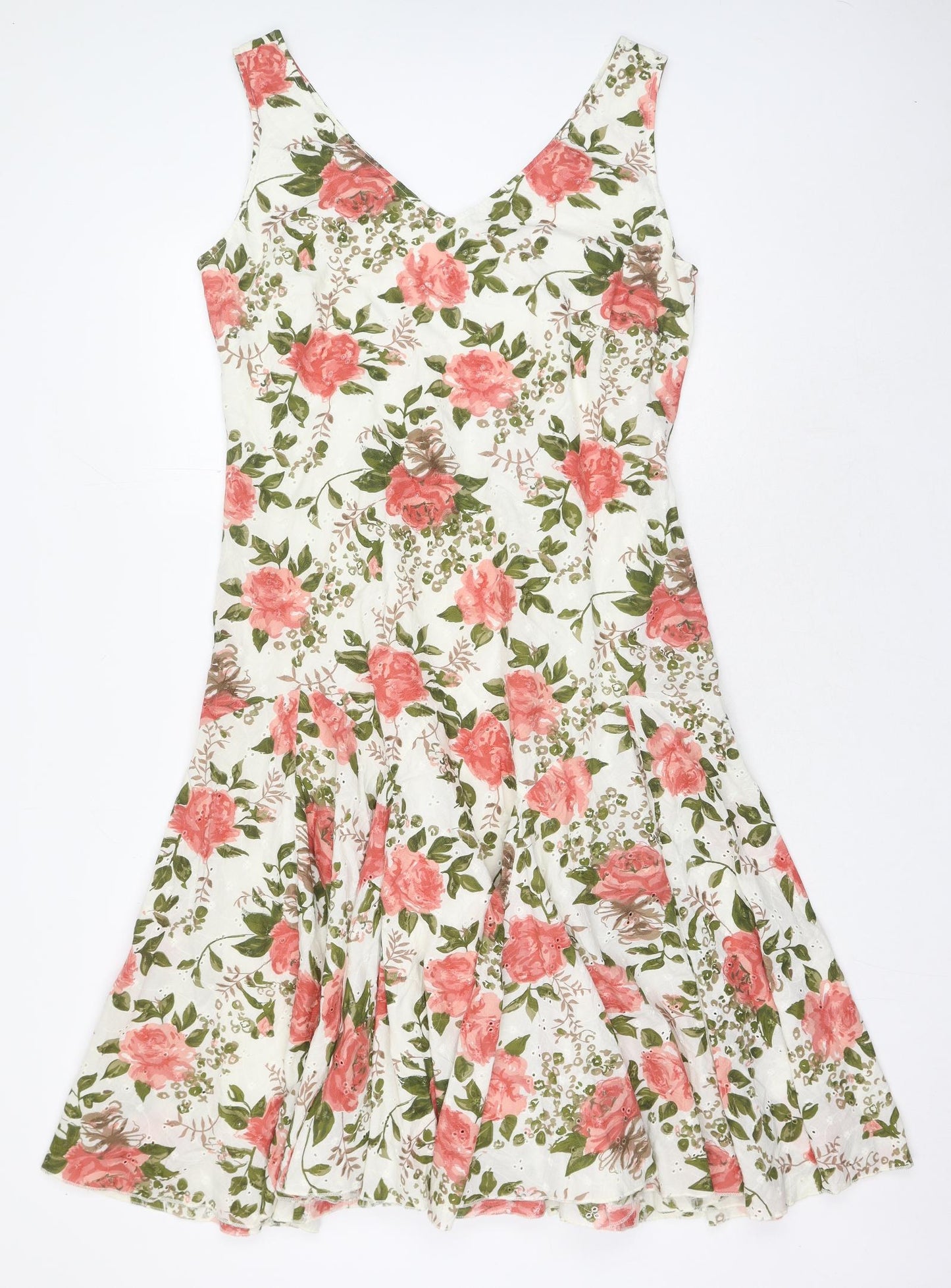 Marks and Spencer Womens White Floral Cotton Fit & Flare Size 16 V-Neck Pullover