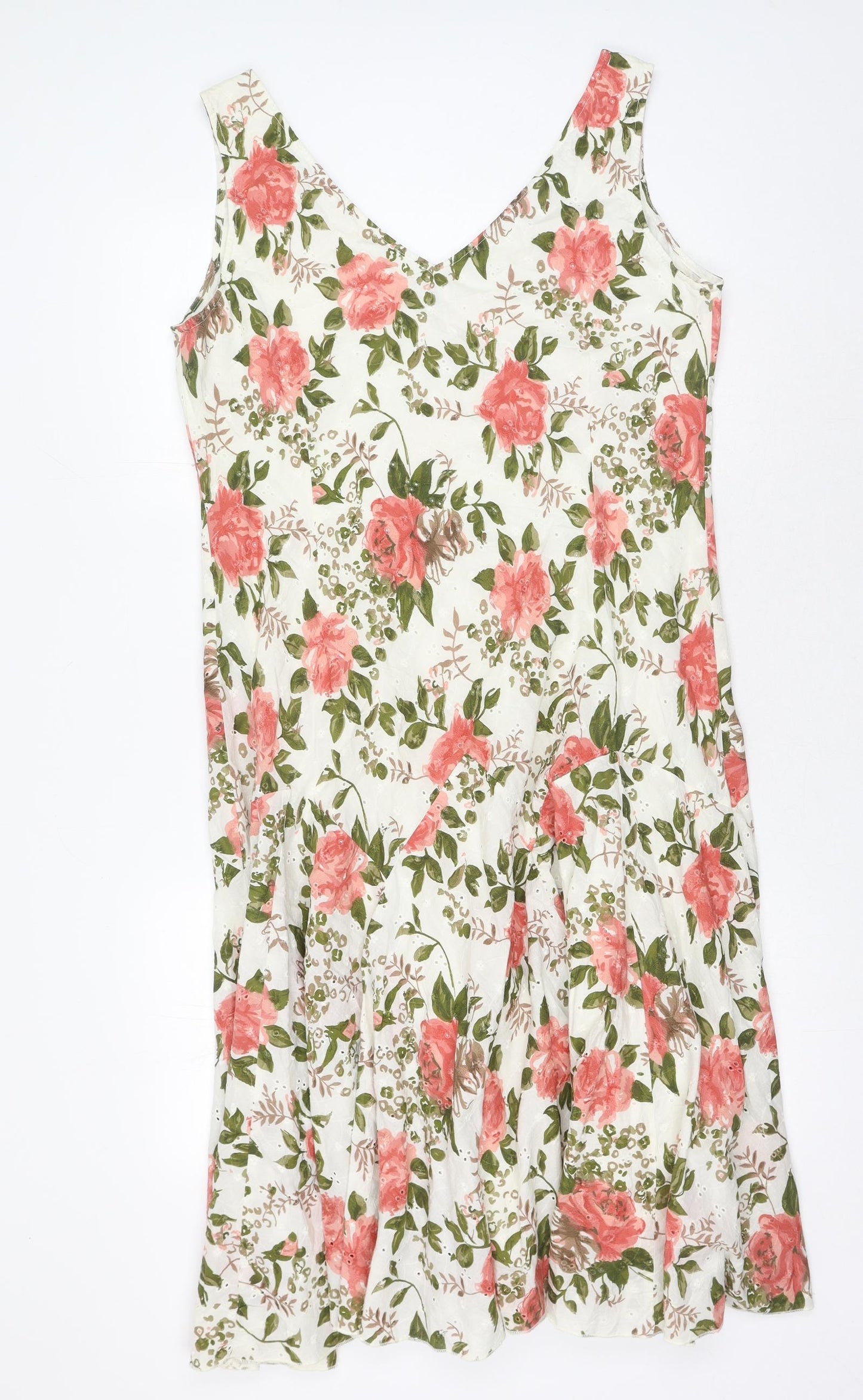 Marks and Spencer Womens White Floral Cotton Fit & Flare Size 16 V-Neck Pullover
