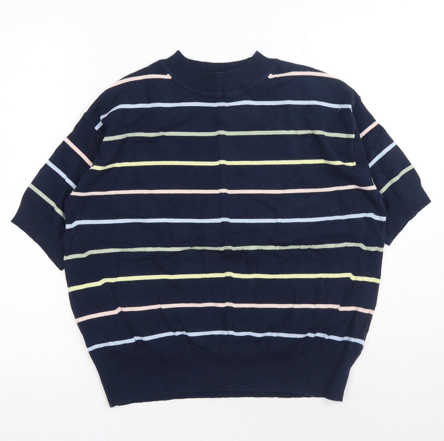 Marks and Spencer Womens Blue Mock Neck Striped Cotton Pullover Jumper Size M