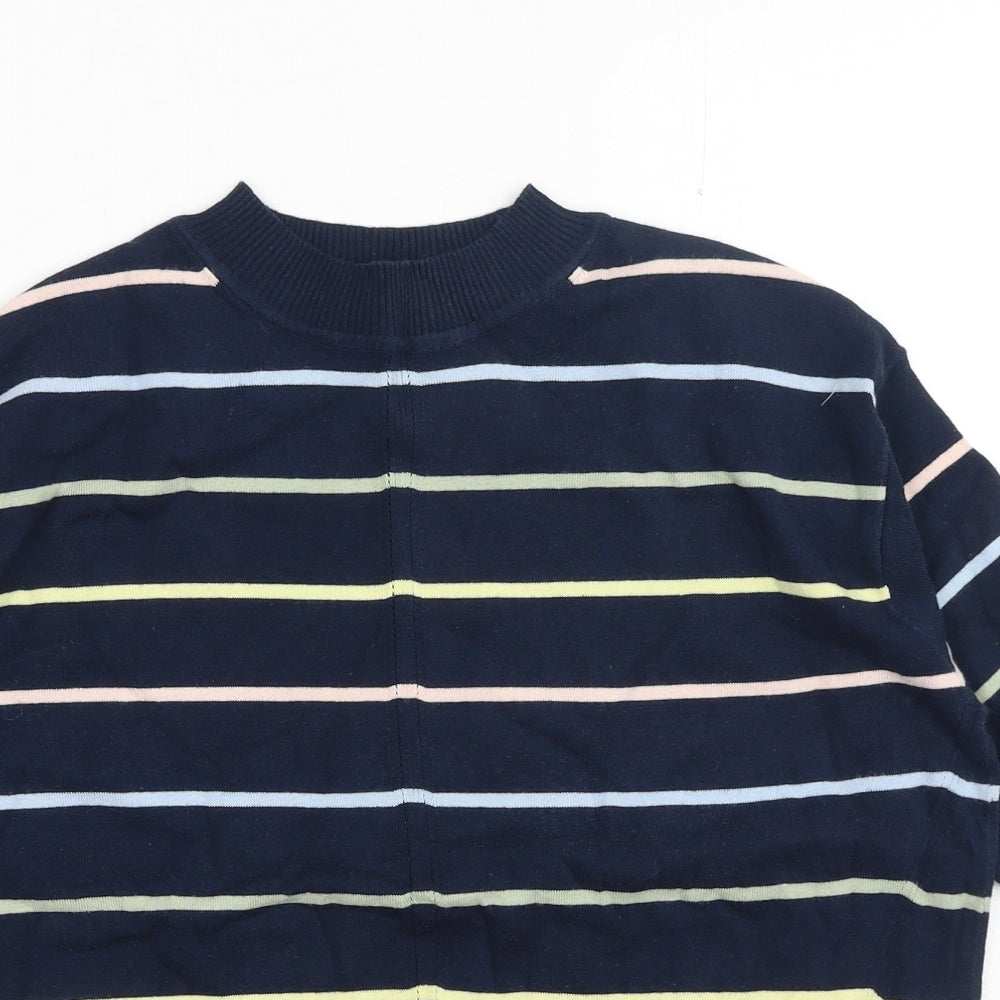 Marks and Spencer Womens Blue Mock Neck Striped Cotton Pullover Jumper Size M