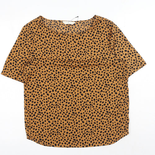 Marks and Spencer Womens Brown Animal Print Polyester Basic T-Shirt Size 6 Boat Neck - Cheetah Print