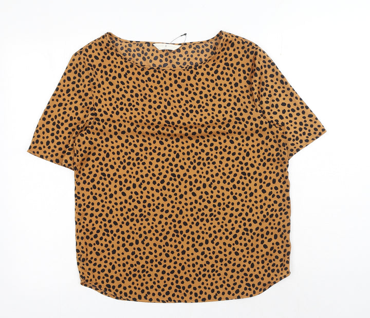 Marks and Spencer Womens Brown Animal Print Polyester Basic T-Shirt Size 6 Boat Neck - Cheetah Print