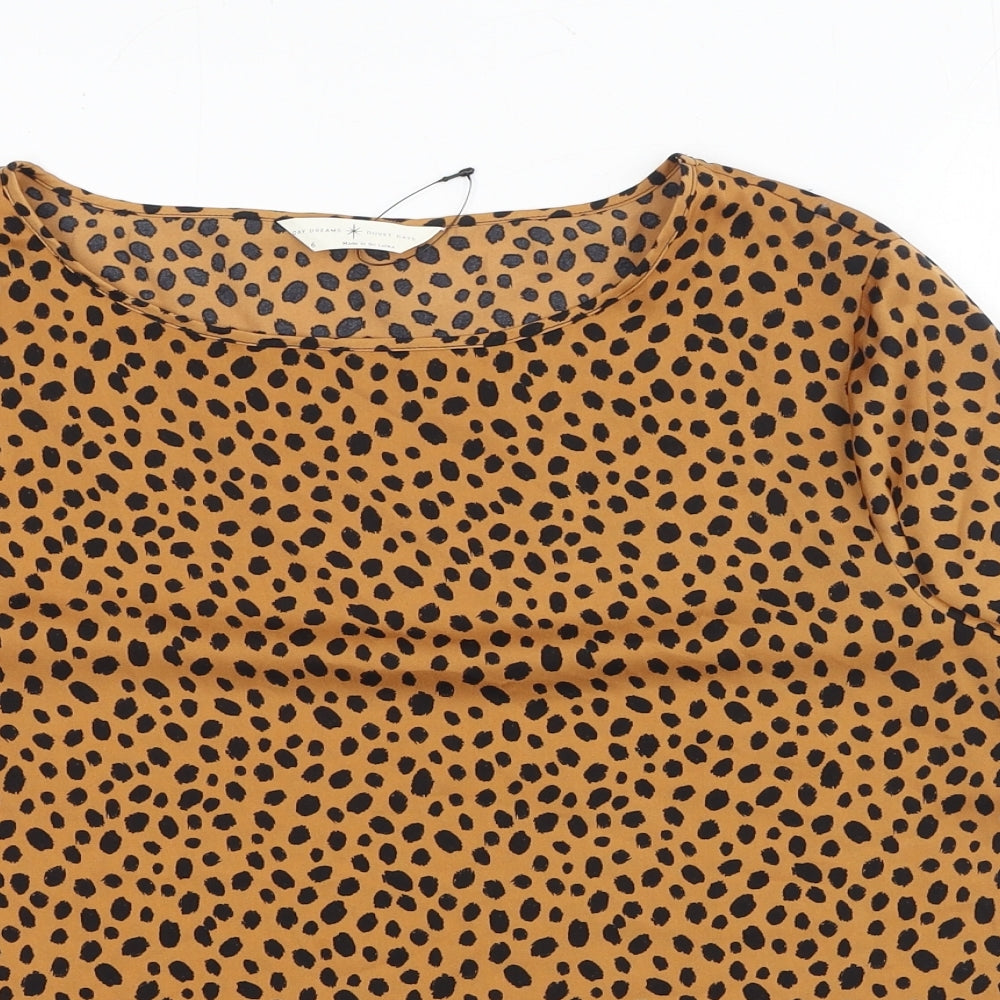 Marks and Spencer Womens Brown Animal Print Polyester Basic T-Shirt Size 6 Boat Neck - Cheetah Print