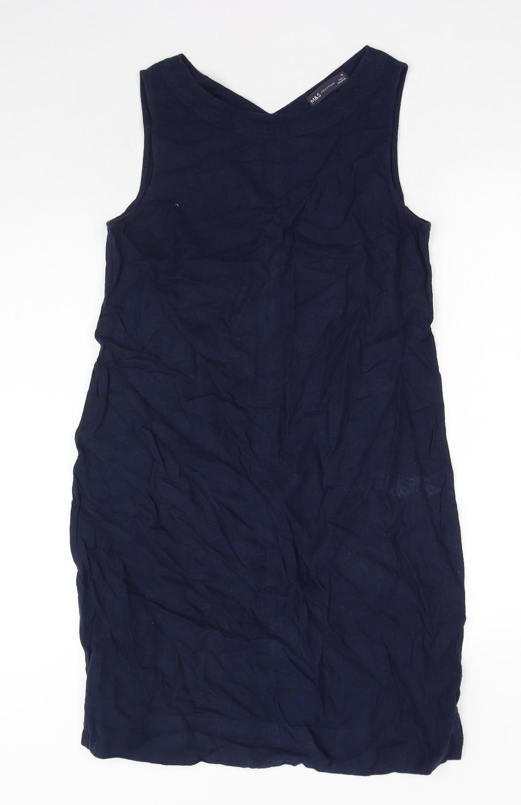 Marks and Spencer Womens Blue Cotton Tank Dress Size 10 V-Neck Pullover