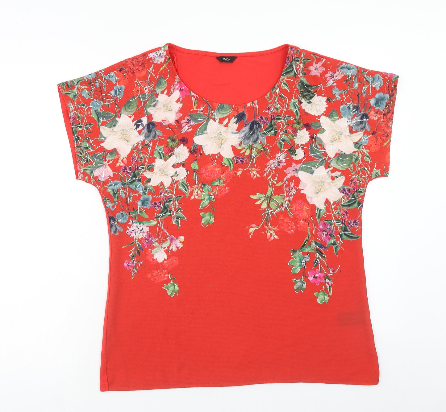 Marks and Spencer Womens Red Floral Polyester Basic T-Shirt Size 10 Scoop Neck