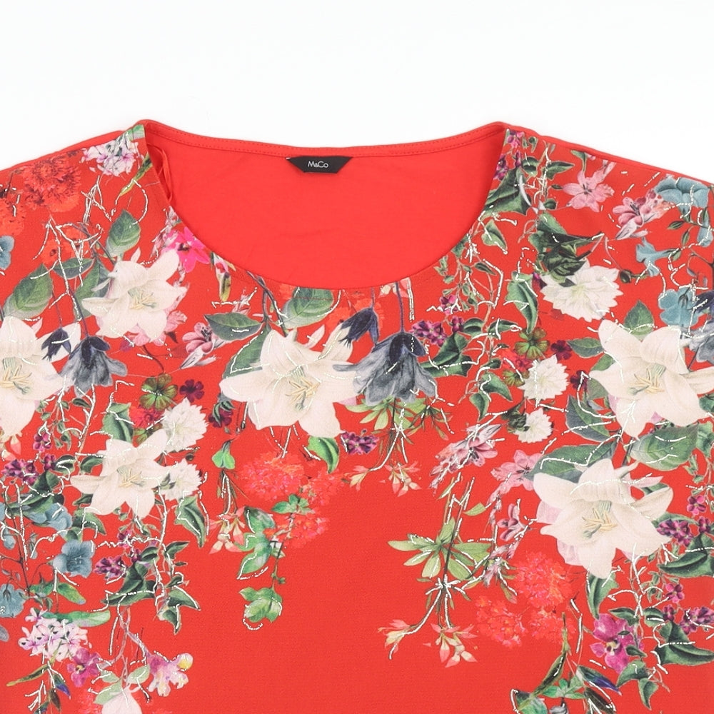 Marks and Spencer Womens Red Floral Polyester Basic T-Shirt Size 10 Scoop Neck