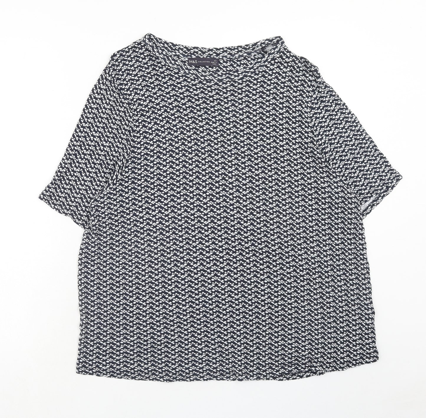 Marks and Spencer Womens Black Geometric Viscose Basic T-Shirt Size 22 Boat Neck