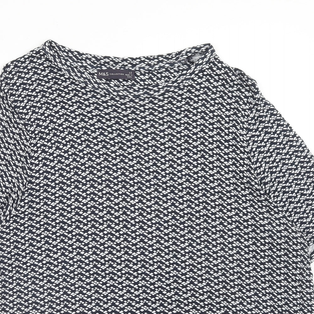 Marks and Spencer Womens Black Geometric Viscose Basic T-Shirt Size 22 Boat Neck