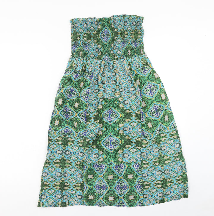 Peacocks Womens Green Geometric Viscose A-Line Size 8 Off the Shoulder Pullover - Shirred Top