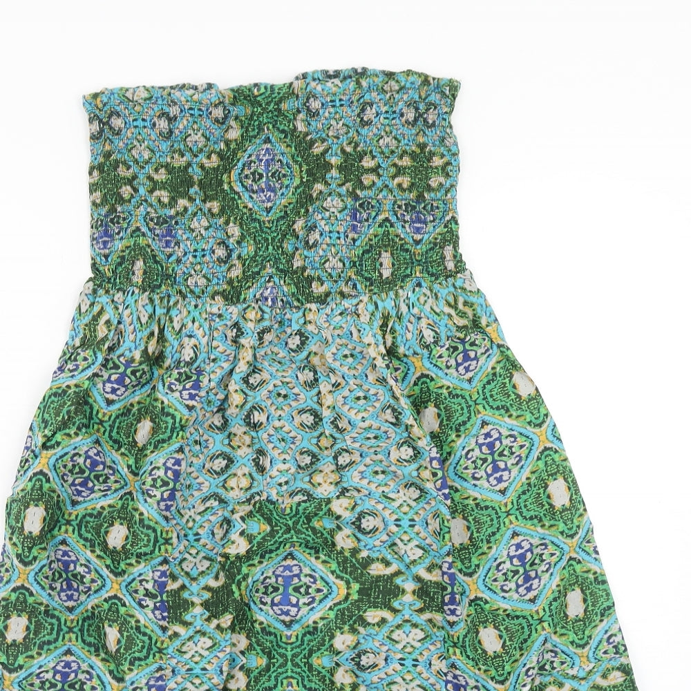 Peacocks Womens Green Geometric Viscose A-Line Size 8 Off the Shoulder Pullover - Shirred Top