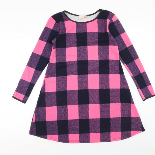 Silk Womens Pink Check Polyester Jumper Dress Size 10 Boat Neck Pullover
