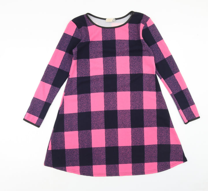 Silk Womens Pink Check Polyester Jumper Dress Size 10 Boat Neck Pullover