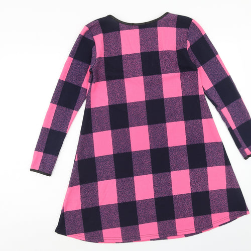 Silk Womens Pink Check Polyester Jumper Dress Size 10 Boat Neck Pullover