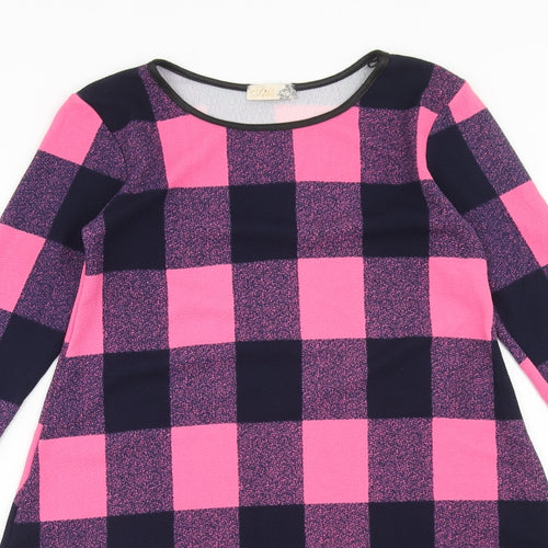 Silk Womens Pink Check Polyester Jumper Dress Size 10 Boat Neck Pullover