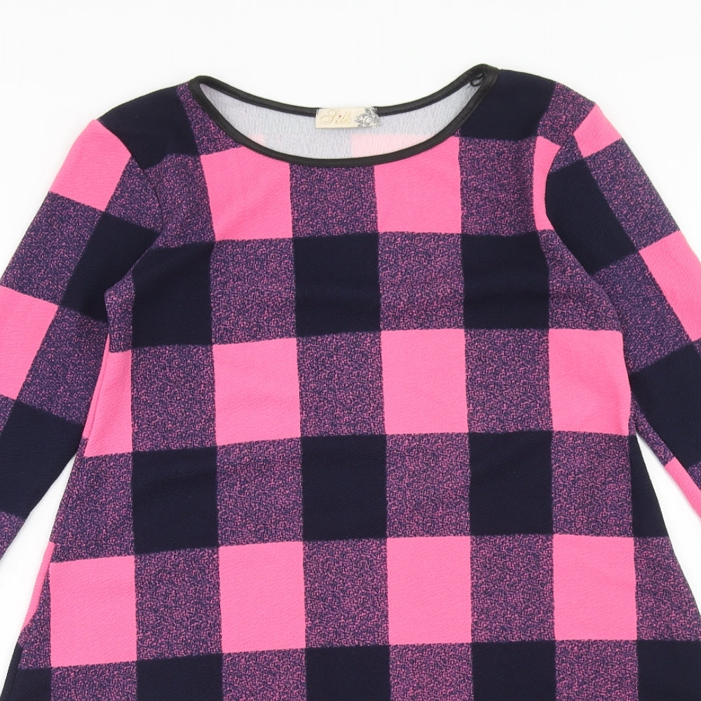Silk Womens Pink Check Polyester Jumper Dress Size 10 Boat Neck Pullover