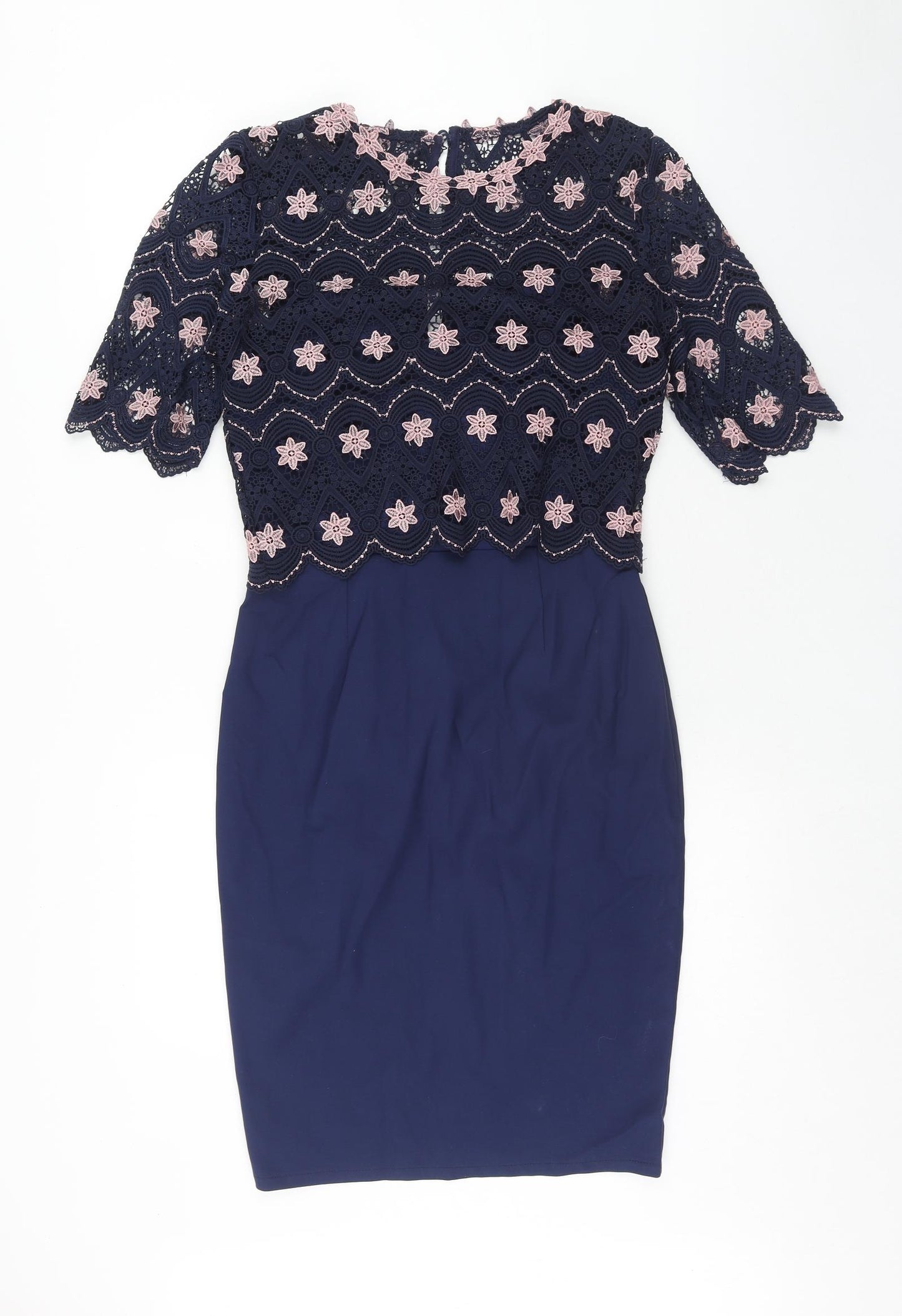 New Look Womens Blue Floral Cotton Pencil Dress Size 10 Boat Neck Zip