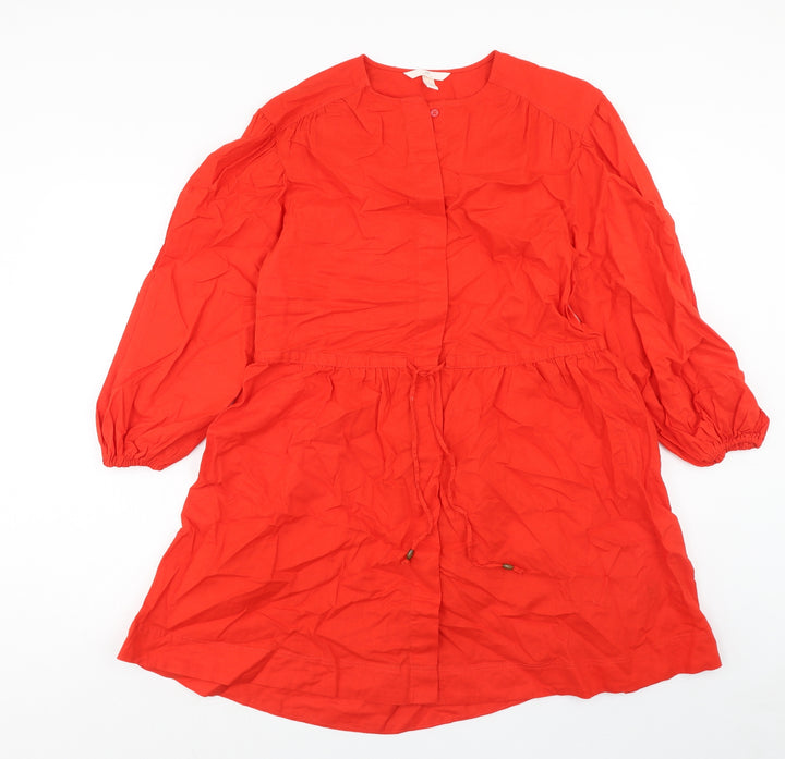 H&M Womens Red Herringbone Linen A-Line Size XS Roll Neck Button
