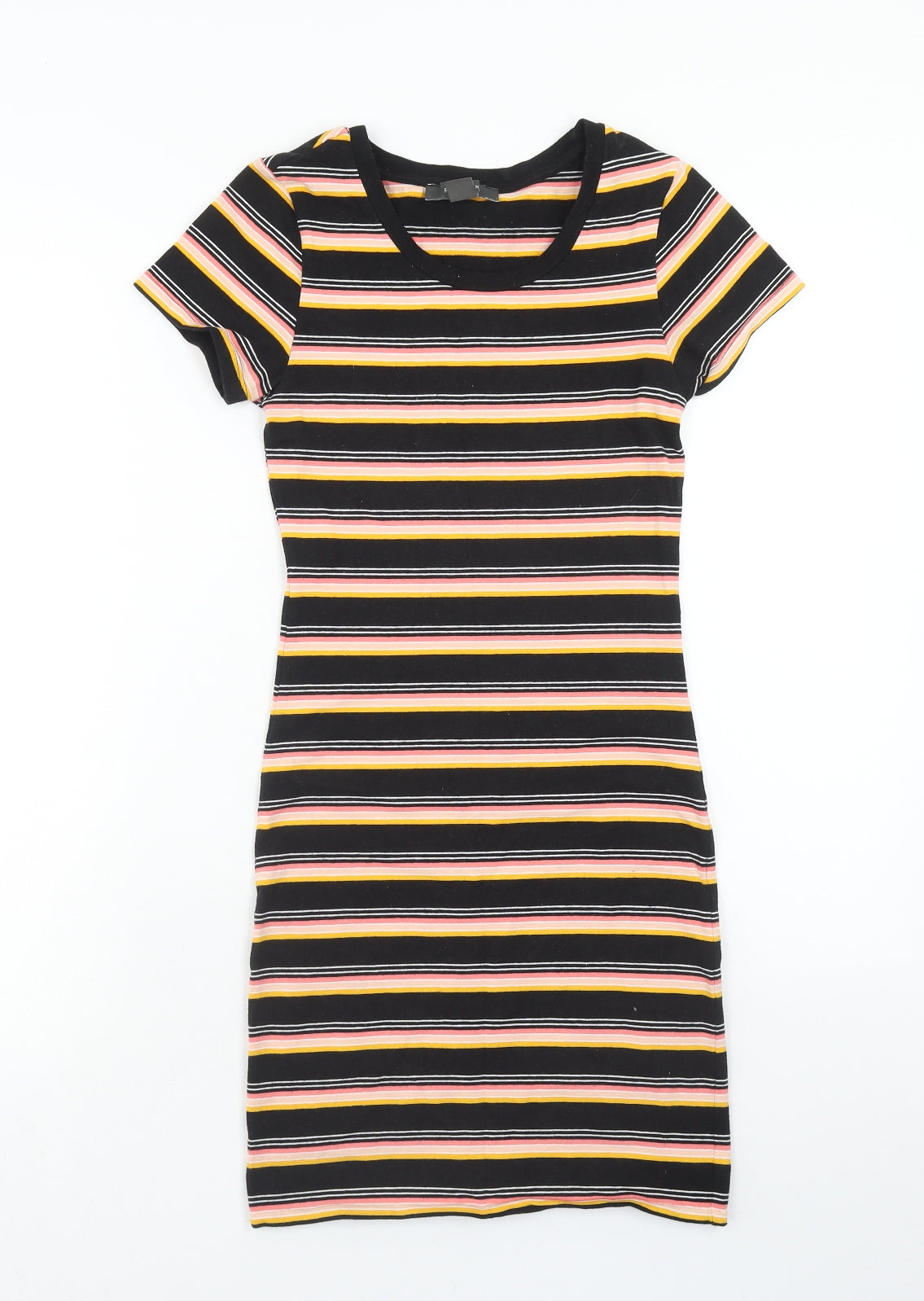 Primark Womens Black Striped Polyester T-Shirt Dress Size 6 Scoop Neck Pullover