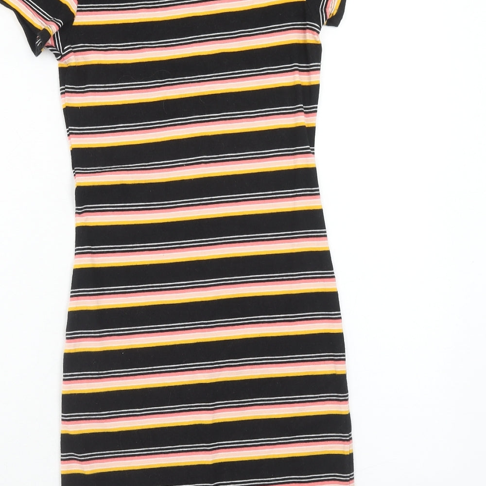 Primark Womens Black Striped Polyester T-Shirt Dress Size 6 Scoop Neck Pullover