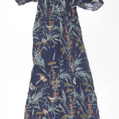 Warehuse Womens Blue Floral Viscose A-Line Size 6 Square Neck Button - Shirred Back