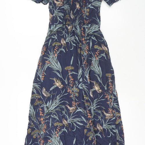 Warehuse Womens Blue Floral Viscose A-Line Size 6 Square Neck Button - Shirred Back