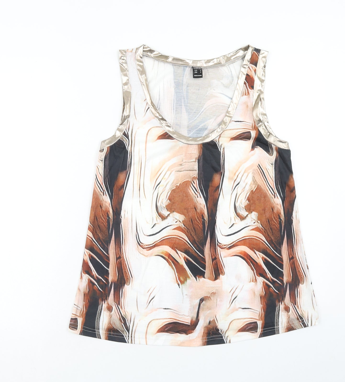 Sheilay Womens Brown Geometric Polyester Basic Tank Size S Scoop Neck