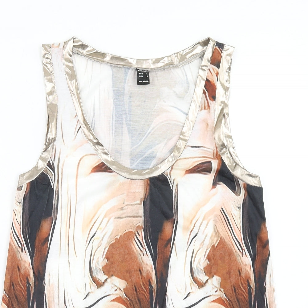 Sheilay Womens Brown Geometric Polyester Basic Tank Size S Scoop Neck