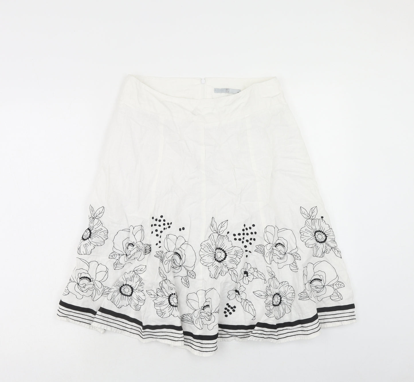 TU Womens White Geometric Linen A-Line Skirt Size 10 Zip