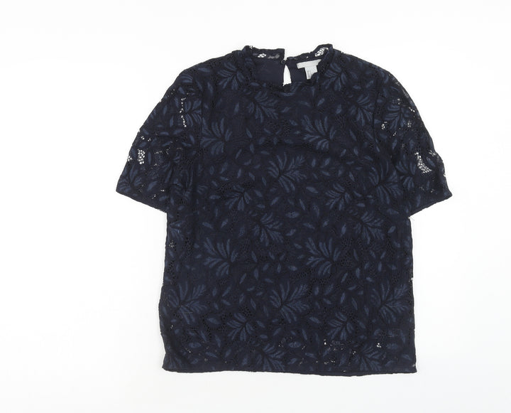 H&M Womens Blue Floral Viscose Basic Blouse Size S Round Neck