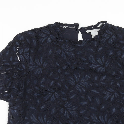 H&M Womens Blue Floral Viscose Basic Blouse Size S Round Neck