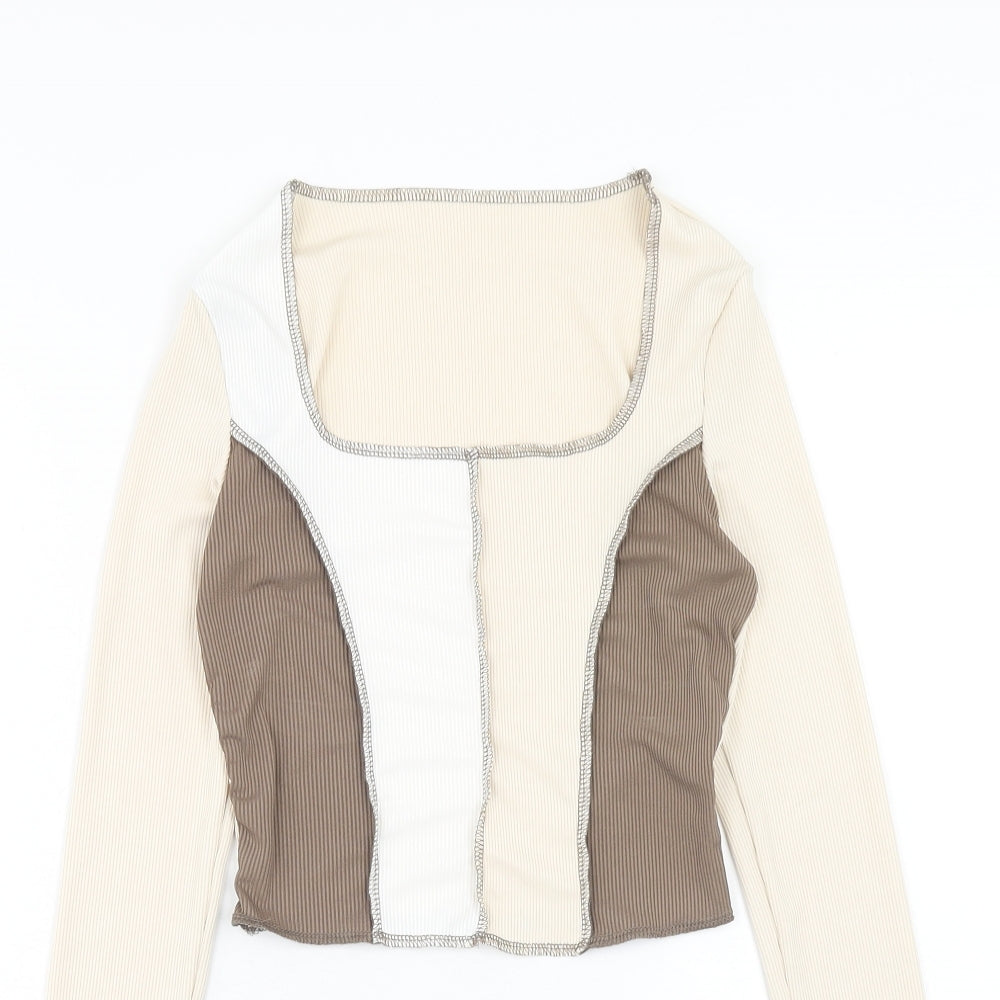 SheIn Womens Beige Geometric Polyester Cropped T-Shirt Size XS Square Neck
