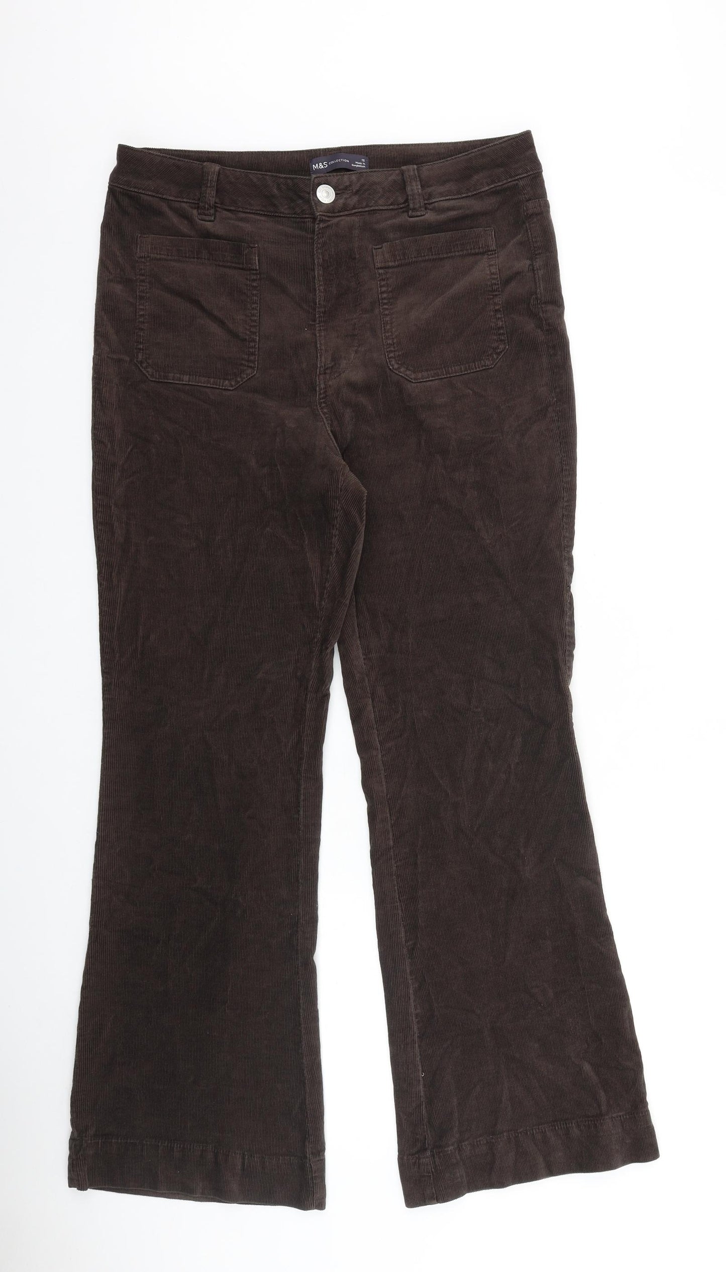 Marks and Spencer Womens Brown Cotton Trousers Size 12 L29 in Regular Zip