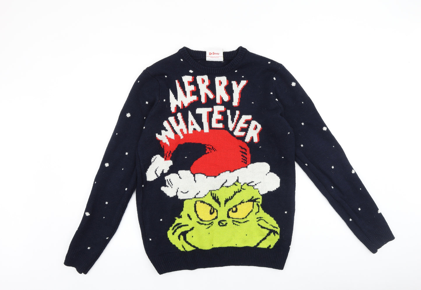 The Grinch Womens Blue Round Neck Acrylic Pullover Jumper Size M - Christmas Grinch
