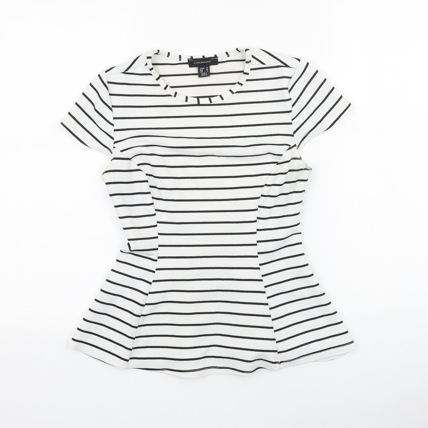 Primark Womens White Striped Viscose Basic T-Shirt Size 10 Scoop Neck - Peplum
