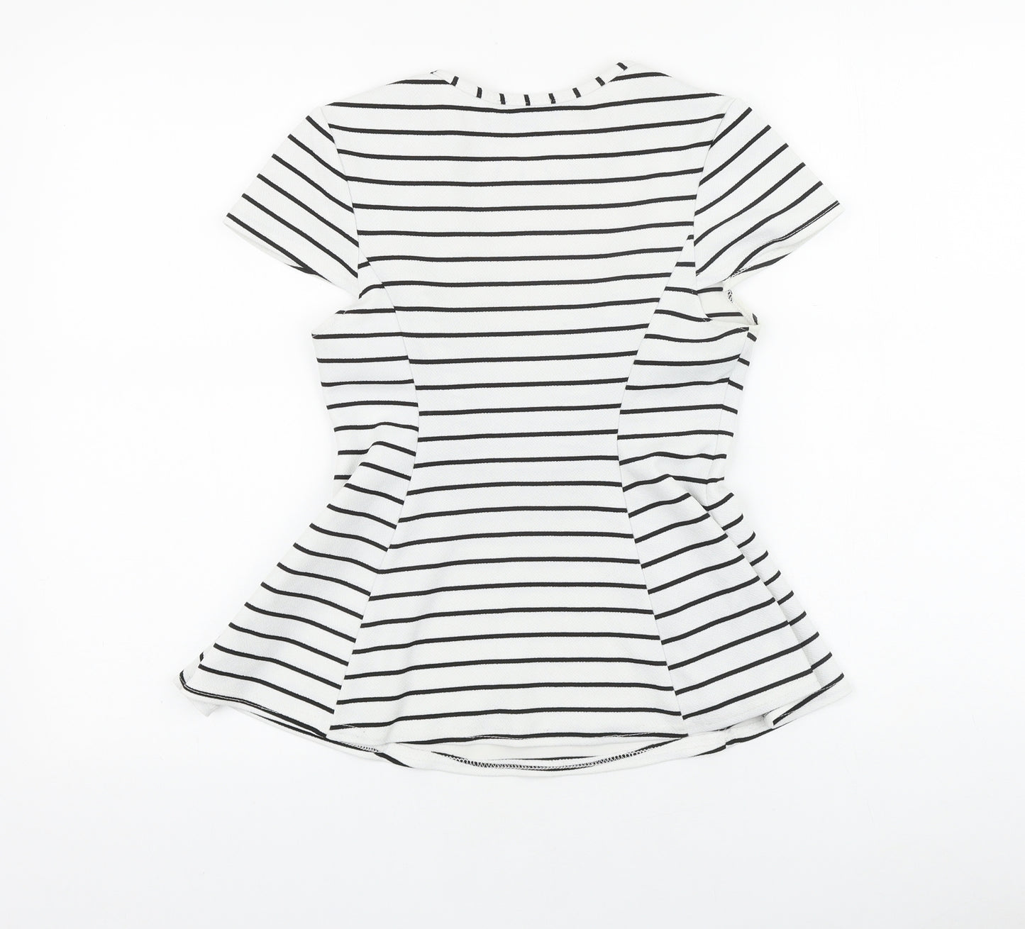 Primark Womens White Striped Viscose Basic T-Shirt Size 10 Scoop Neck - Peplum