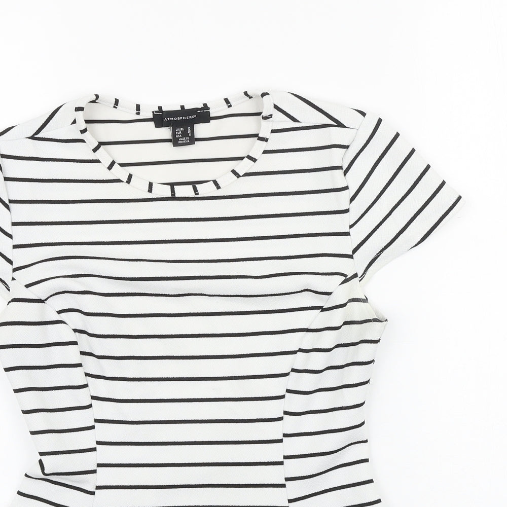 Primark Womens White Striped Viscose Basic T-Shirt Size 10 Scoop Neck - Peplum