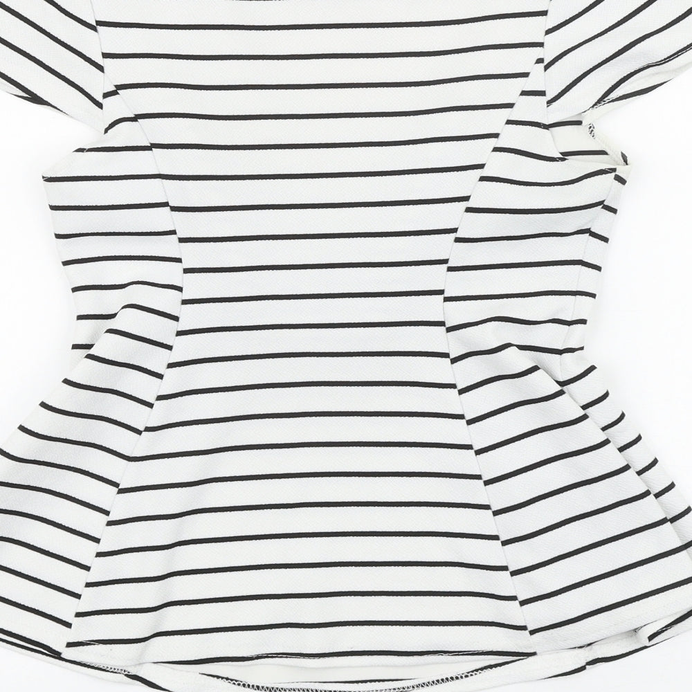 Primark Womens White Striped Viscose Basic T-Shirt Size 10 Scoop Neck - Peplum