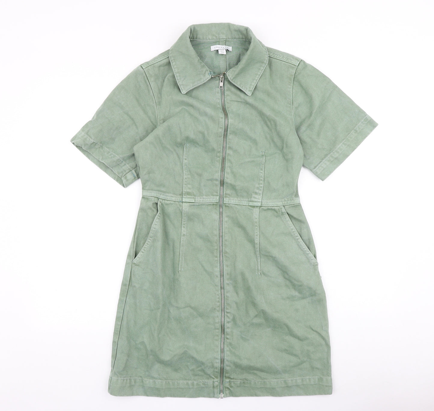 Topshop Womens Green 100% Cotton Shirt Dress Size 10 Collared Zip