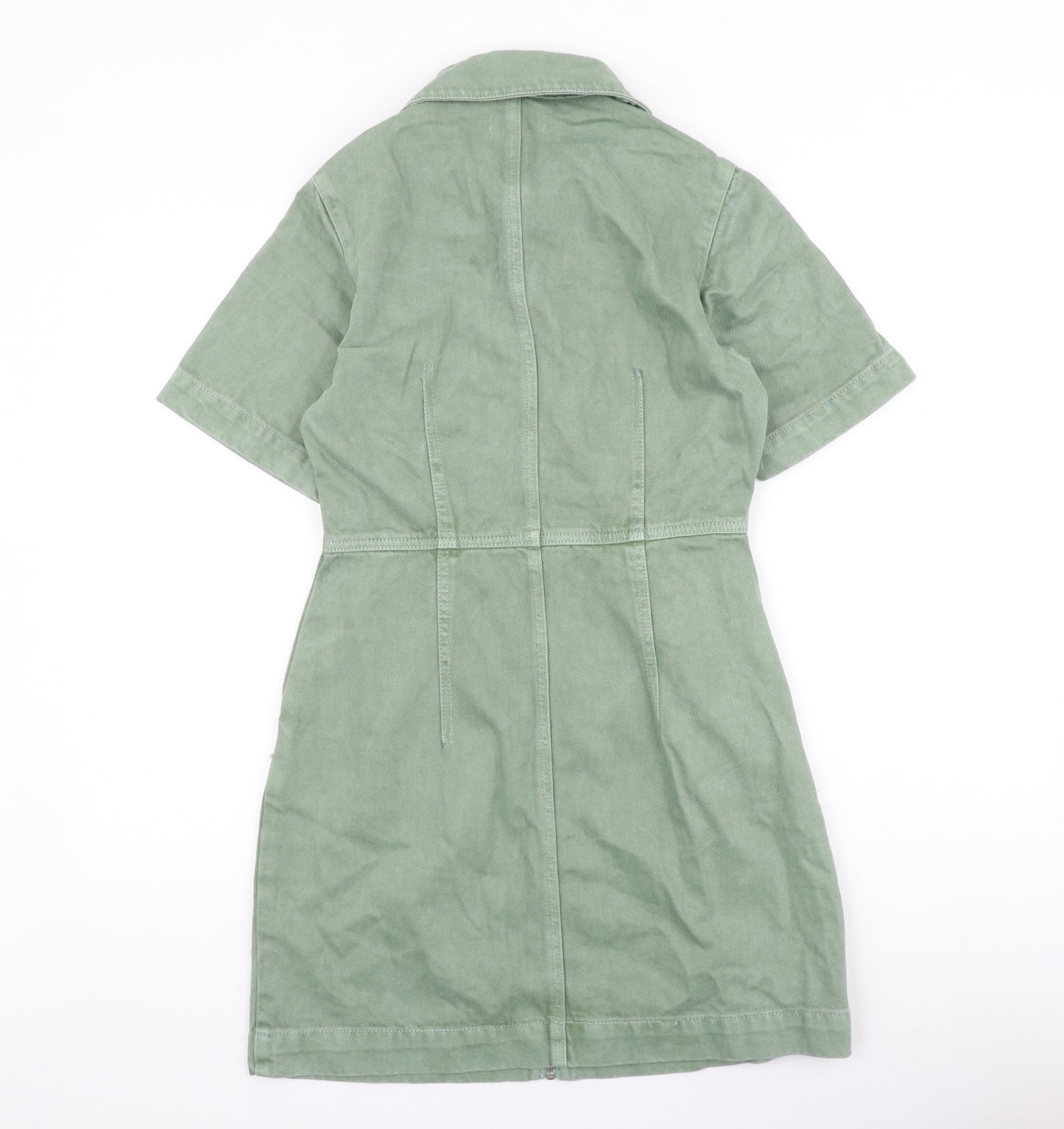 Topshop Womens Green 100% Cotton Shirt Dress Size 10 Collared Zip