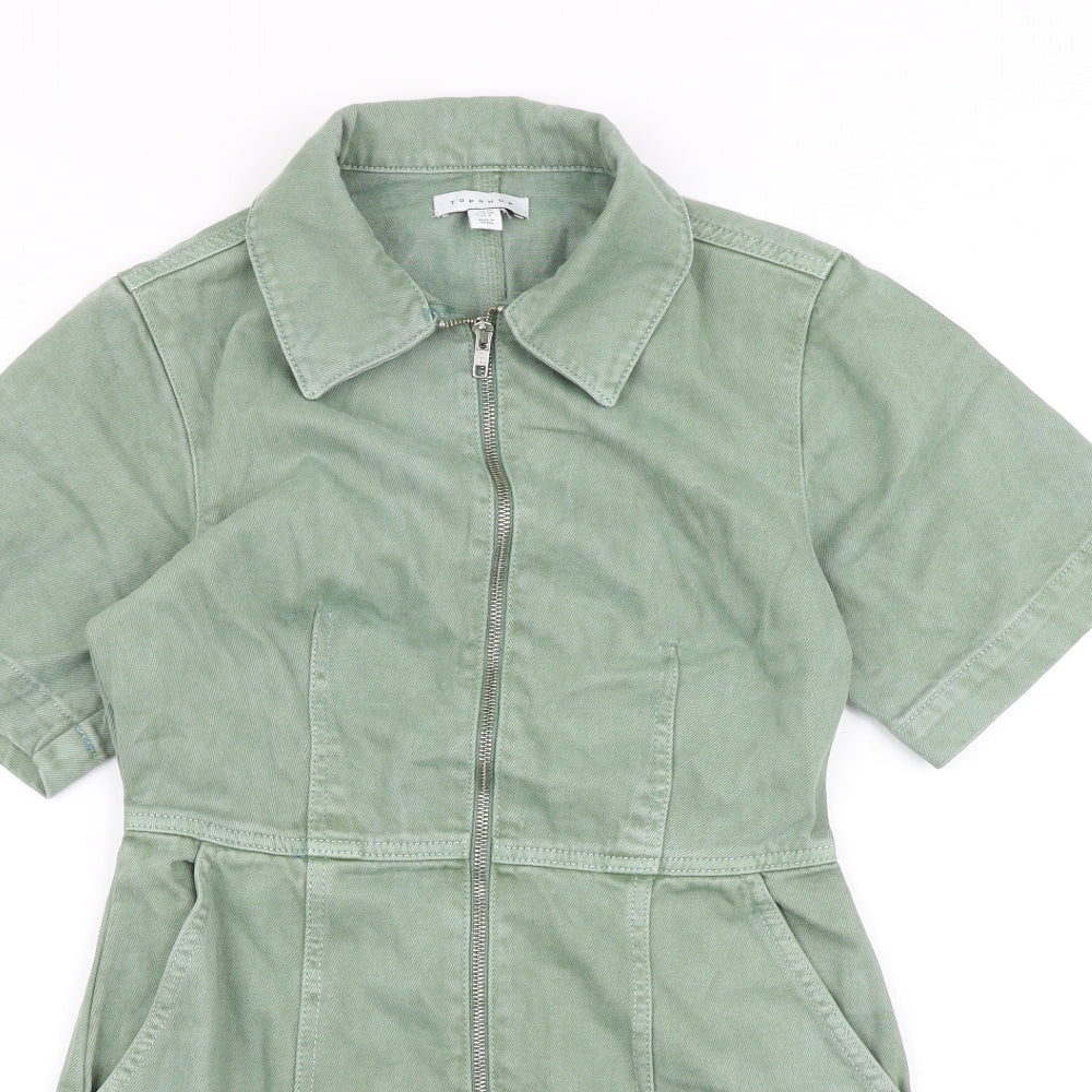 Topshop Womens Green 100% Cotton Shirt Dress Size 10 Collared Zip