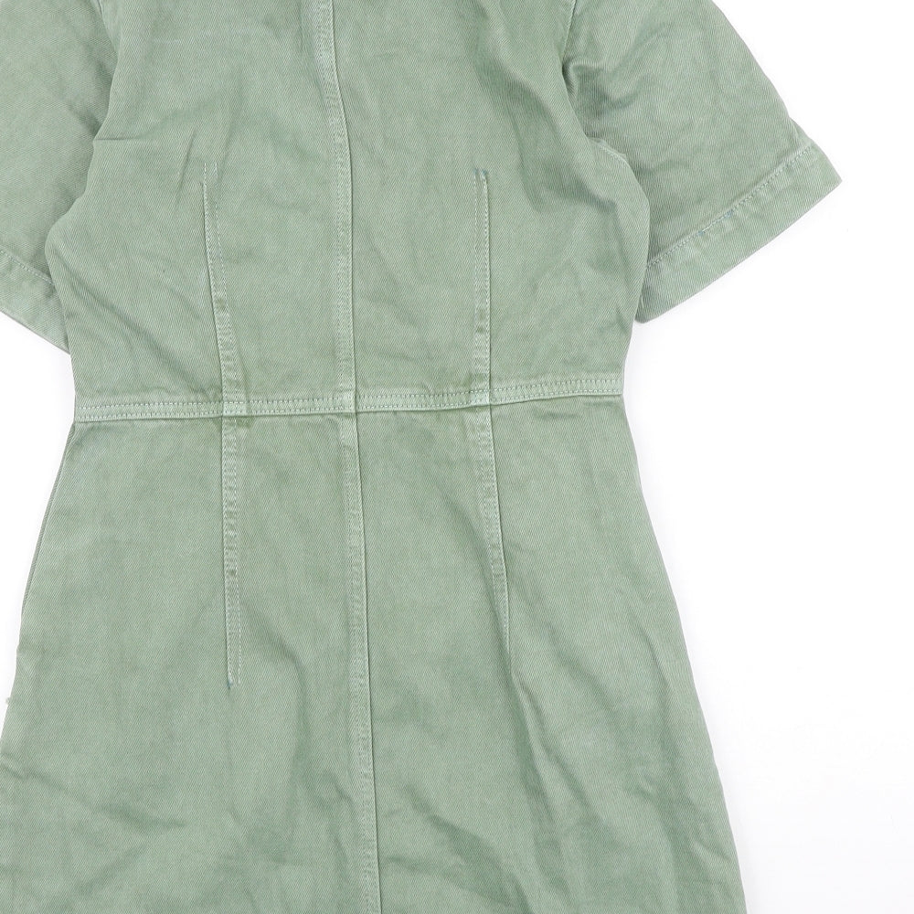 Topshop Womens Green 100% Cotton Shirt Dress Size 10 Collared Zip