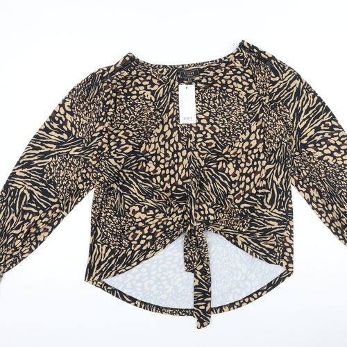 Lipsy Womens Brown Animal Print Viscose Basic Blouse Size 12 V-Neck - Leopard Print Tie Front